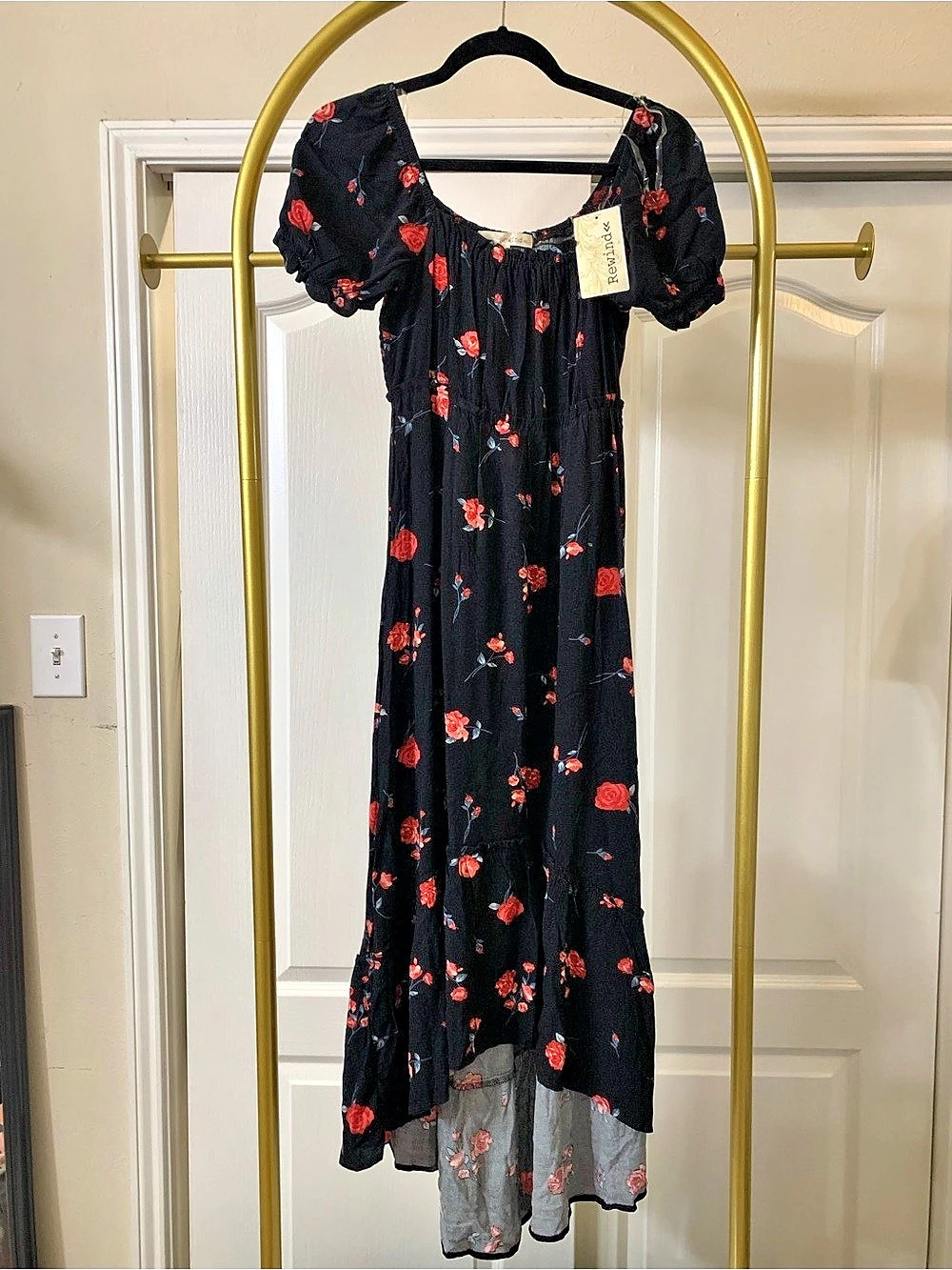 Rewind Floral Maxi-Midi Dress in Black & Red Size Small NWT